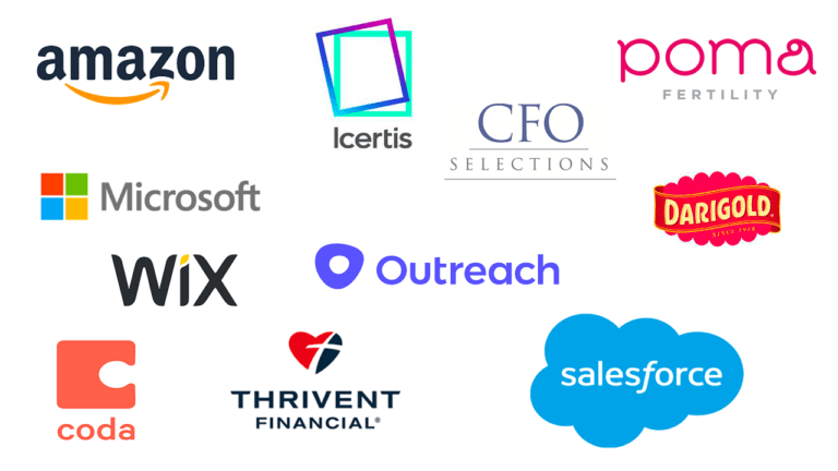 Logos of Redmond, Bellevue and Seattle Companies that have used Ludeman Photographic services include Microsoft, Amazon, Code, Thrivent, Salesforce, CFO Selections and Icertis.